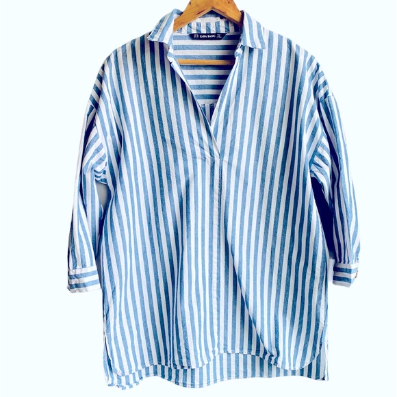 Zara blue and white pinstripe oversized shirt, XS - Picture 1 of 8